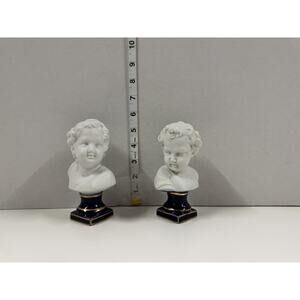 Vintage Pair Child Porcelain Bust Sculptures Colbalt Blue Base Lipper & Mann